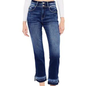 Kancan High Rise Ankle Straight Dark Sandblasted Frayed Hem Denim Jeans